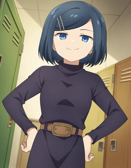 score_9, score_8_up, score_7_up, source_anime, <lora:dungeonpeople-clay-s1-ponyxl-lora-nochekaiser:1>, clay, short hair, blue eyes, black hair, hair ornament, blue hair, hairclip, swept bangs,, dress, belt, long sleeves, turtleneck,, school hallway, lockers, between classes, everyday life, smile, looking at viewer, smug, hands on hips,, solo,, cowboy shot, dutch angle