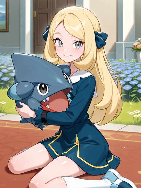 masterpiece, best quality, amazing quality, very aesthetic, absurdres, newest,shiny skin anime screenshot <lora:CynthiaJourneys:1>cynjourney, 1girl, blonde hair, long hair, ribbon, grey eyes, dress, smile, hair ribbon, eyelashes looking at viewer,   white socks,  flowers, holding pokemon gible,