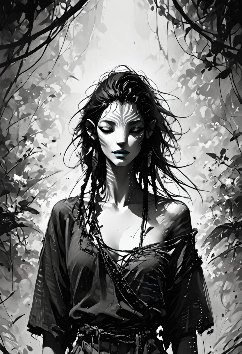 score_9, score_8_up, score_7_up, source_anime, monochromemuse, Expressiveh, monochrome, greyscale, ink splatter, (Avatar navi alien with white skin and black stripes), primitive revealing tunic made of vines and leaves, off shoulder, cleavage, parted lips, light smile, vibrant blue lipstick,