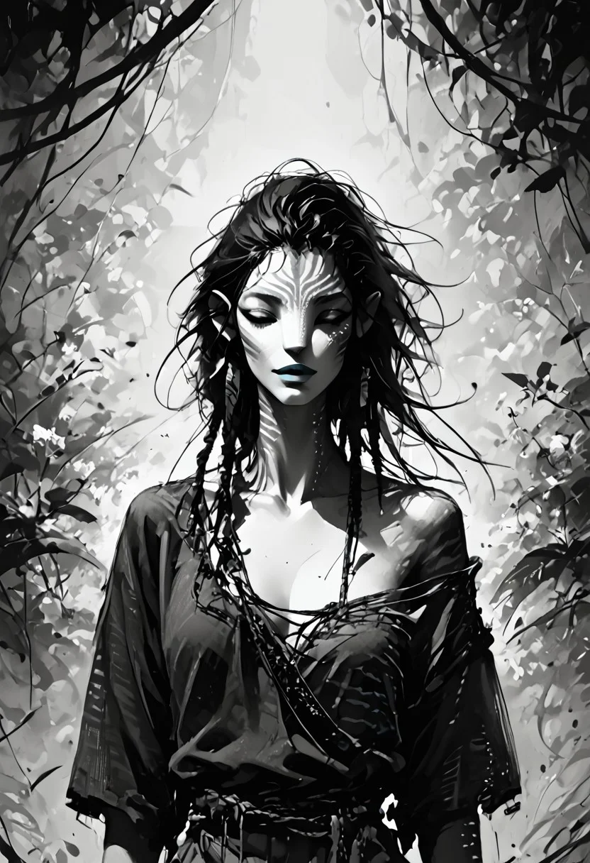 score_9, score_8_up, score_7_up, source_anime, monochromemuse, Expressiveh, monochrome, greyscale, ink splatter, (Avatar navi alien with white skin and black stripes), primitive revealing tunic made of vines and leaves, off shoulder, cleavage, parted lips, light smile, vibrant blue lipstick,