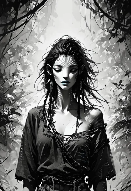 score_9, score_8_up, score_7_up, source_anime, monochromemuse, Expressiveh, monochrome, greyscale, ink splatter, (Avatar navi alien with white skin and black stripes), primitive revealing tunic made of vines and leaves, off shoulder, cleavage, parted lips, light smile, vibrant blue lipstick,