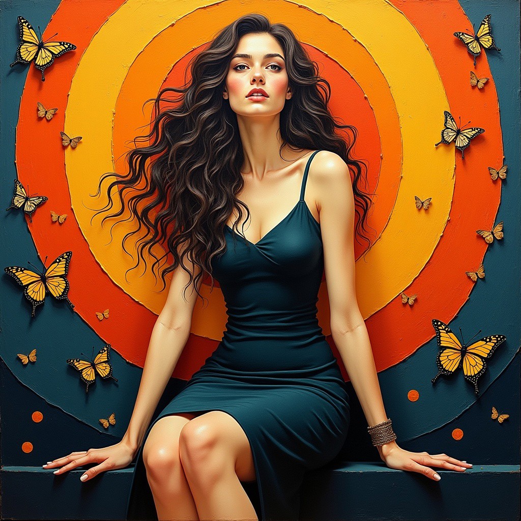 The image is a painting of a woman sitting against a background with swirling, circular patterns in shades of orange, yellow, and dark blue. She is wearing a dark, form-fitting dress and has long, wavy hair. The scene is accented with small, golden butterflies. impasto style
