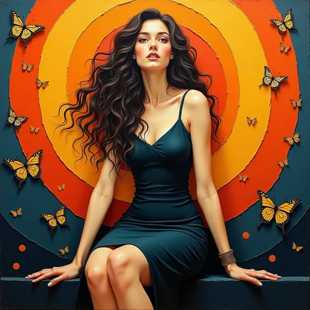 The image is a painting of a woman sitting against a background with swirling, circular patterns in shades of orange, yellow, and dark blue. She is wearing a dark, form-fitting dress and has long, wavy hair. The scene is accented with small, golden butterflies. impasto style