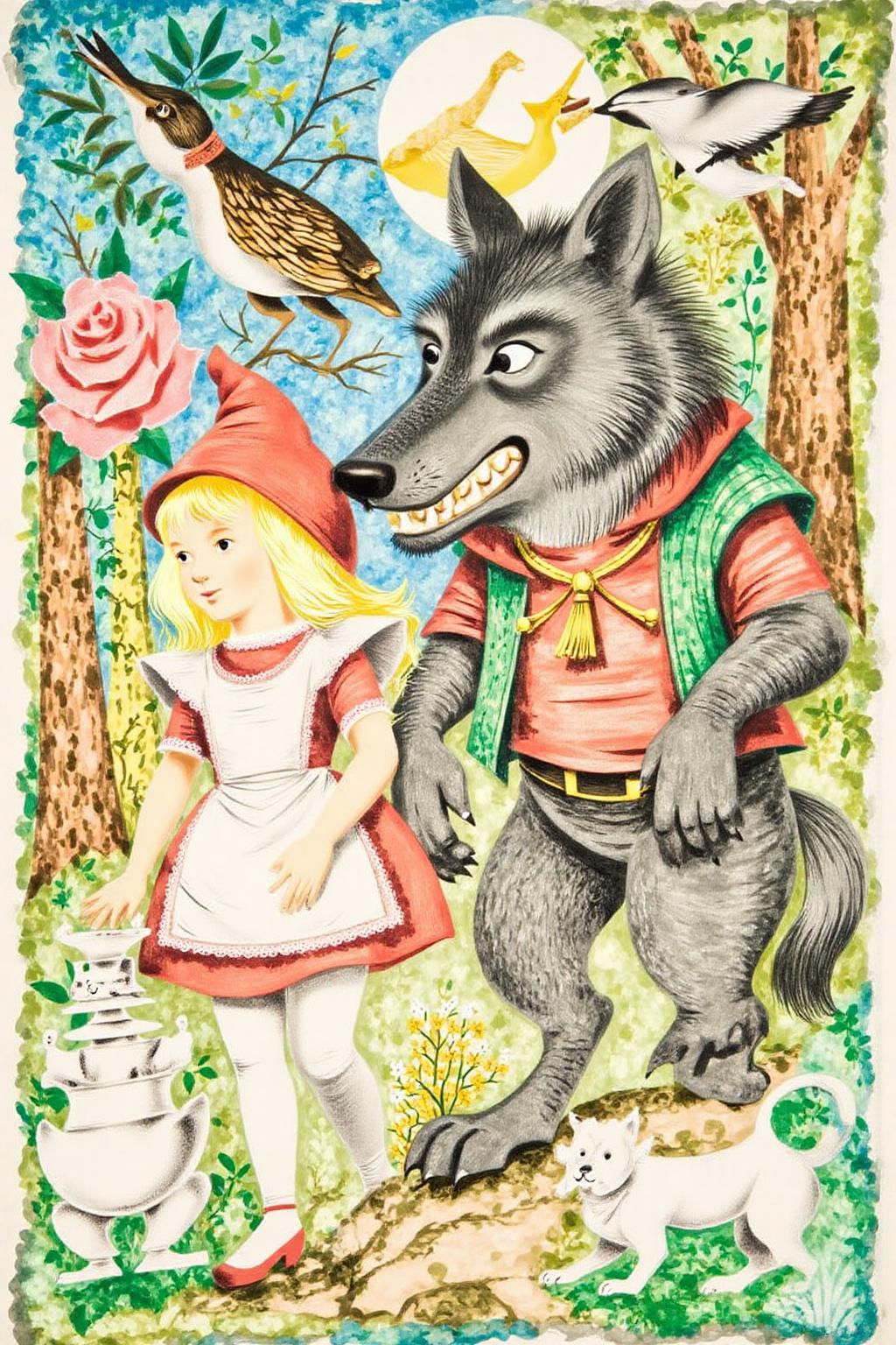 leowe1 illustration.
 Little Red Ridding Hood walkign along side the Big Bad Wolf.  <lora:gwonder1_cap_d6a3e15:1.0><lora:826584636994917578:0>
