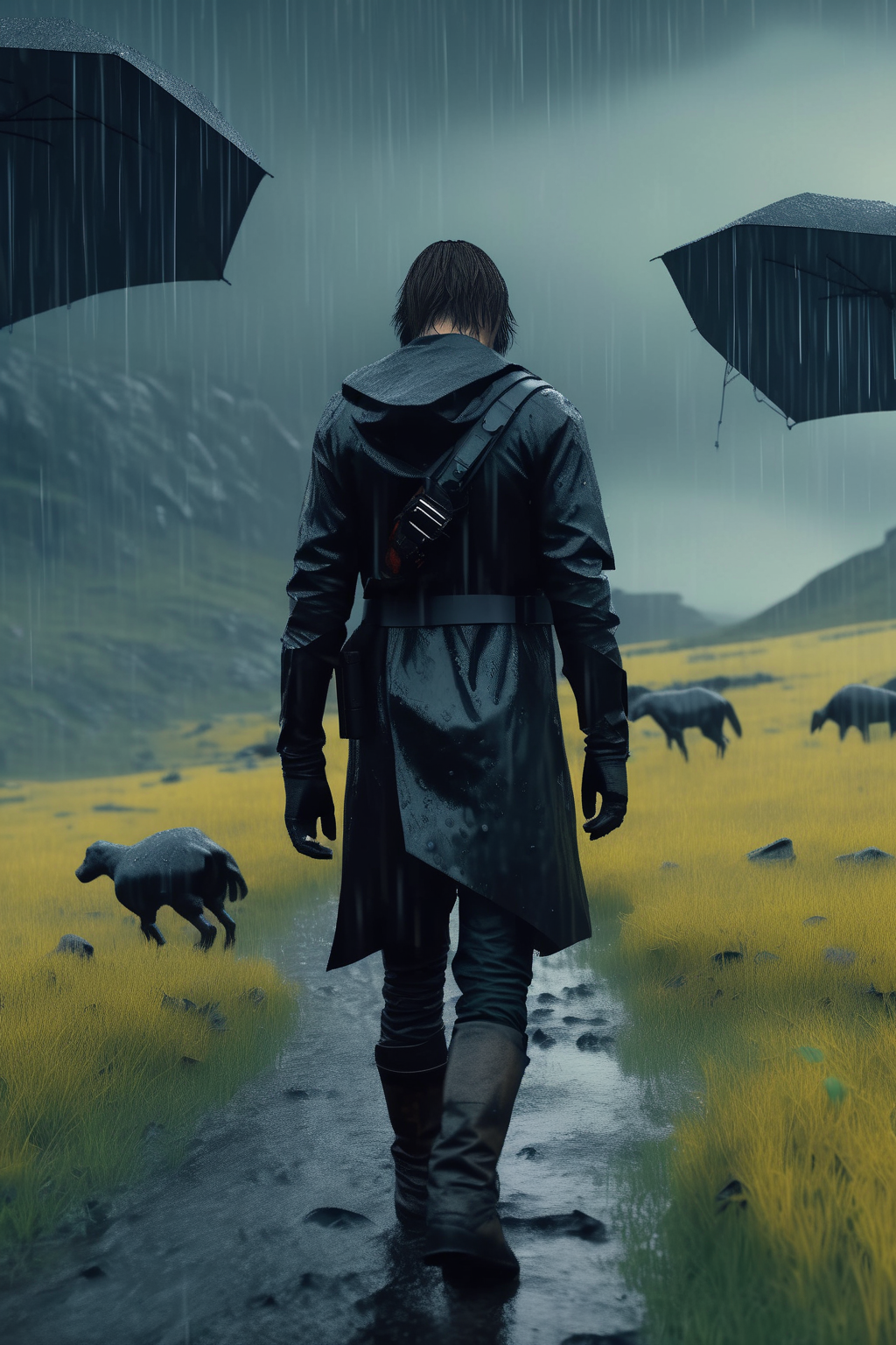 <lora:Death Stranding:1>Death Stranding - death stranding Norman Reedus walking on a rainy landscape and a black ghost siluete in background Ayami kojima style cinematic photographic quality ultra hd