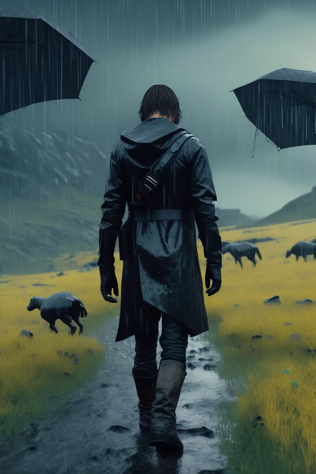<lora:Death Stranding:1>Death Stranding - death stranding Norman Reedus walking on a rainy landscape and a black ghost siluete in background Ayami kojima style cinematic photographic quality ultra hd