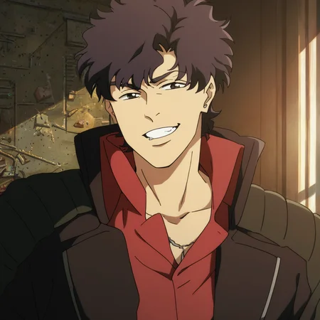 lazarusaxel, score_9, score_8_up, score_7_up,source_anime, 1boy, room, dark, smile, portrait, confident,