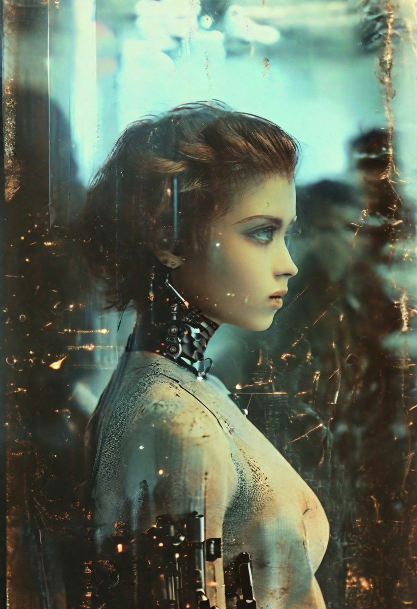 Transparent Elegant Anime Futuristic Android Humanoid Robot, Cyberpunk Artificial Intelligence Movie, Ex Machina Movie, Portrait, Robotics, Darkcore, Cyborgism, Surface Detail, talking to boy Nikon D750, long shot Professional photo of a robotic full body, hyper-realistic, natural beauty, no filter, depth of field, natural light, fashion catalog<lora:Vintage_Street_Photo:1.0>