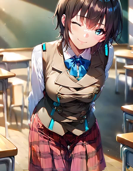 <lora:pony_xl_aoi:0.9>,aoi,score_9,score_8_up,score_7_up,source_anime,1girl,solo,school uniform,vest,white collared shirt,long sleeves,blue bowtie,red skirt,plaid skirt,cowboy_shot,front view,indoor,classroom,smile,kind_smile,closed mouth,one-eyed wink,light_blush,standing,arms_behind_back,leaning_forward,