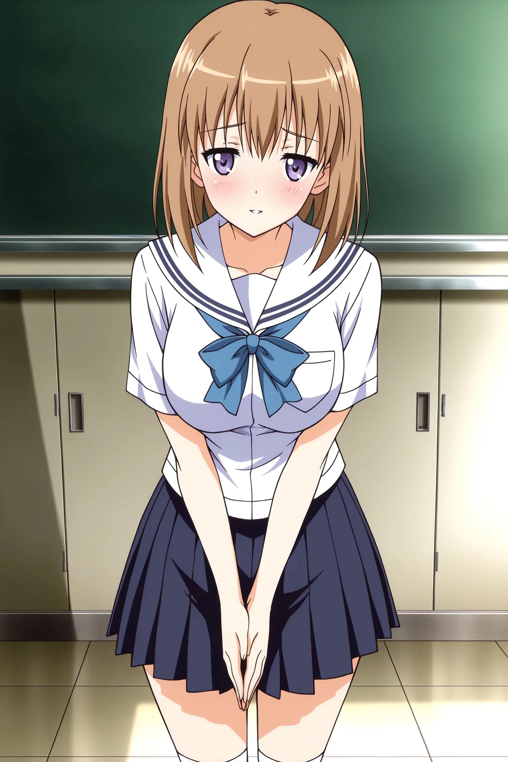 (masterpiece, best quality:1.2), amazing quality, very aesthetic, absurdres, perfect detail, anime screencap,
school, tile floor, chalkboard, cowboy shot,
standing, watson cross, v arms, steepled fingers, shy, light smile, looking at viewer, blush, parted lips,
, satsuki, school uniform, serahuku, blue bowtie, short sleeves, breasts, pleated skirt, white socks,
<lora:XL_Ill_hentai-satsukit1:1>