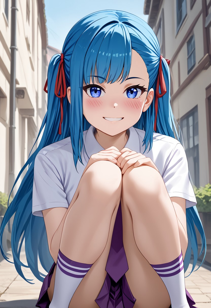 score_4,score_5,score_6,score_7_up,score_8_up,score_9 ((masterpiece,best quality,ultra detailed,highres,HD,4k:1.2)), 
((upper body)),outdoor,
1girl,solo,gir focu,solo focus,face focus,
blue hair, very long hair, hair ribbon, red ribbon, asymmetrical bangs, dark blue eyes, 
white shirt, purple tie, purple pleated skirt, knee-high socks, shoes,zettai ryouiki,
looking at viewer,blush,smile,