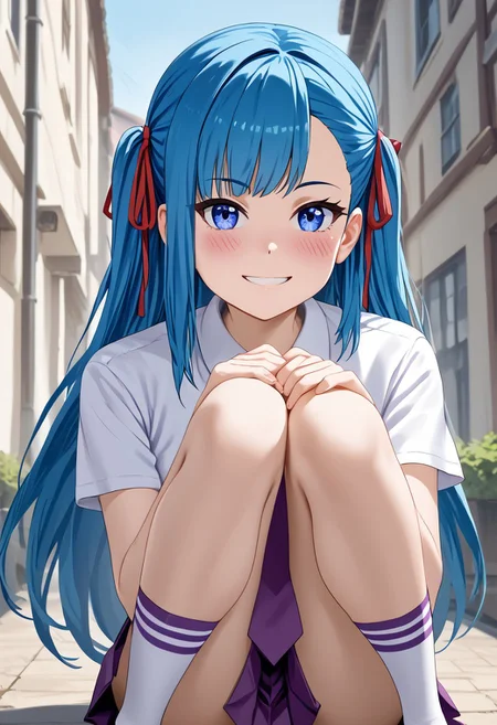 score_4,score_5,score_6,score_7_up,score_8_up,score_9 ((masterpiece,best quality,ultra detailed,highres,HD,4k:1.2)),
((upper body)),outdoor,
1girl,solo,gir focu,solo focus,face focus,
blue hair, very long hair, hair ribbon, red ribbon, asymmetrical bangs, dark blue eyes,
white shirt, purple tie, purple pleated skirt, knee-high socks, shoes,zettai ryouiki,
looking at viewer,blush,smile,