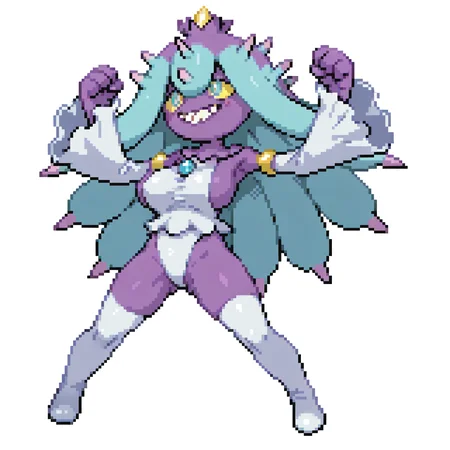 Simple background, white background, <lora:pkspif_nb_v1-2:1>,fullbody, (from front), 1girl, Solo, standing, Big breasts,, <lora:mareanieillus:1>, mareanie, anthro, furry girl, pokemon, yellow sclera, spikes, purple skin, sharp teeth, blush, smile, armlet, bare shoulders, blue gemstone, detached sleeves, Frilled Sleeves, Frills, gem, gold Armlet, white Leotard, Long Sleeves, sideboob, Thighhighs, Wide Sleeves, white boots, smile, hands raised, closed fist, spread legs