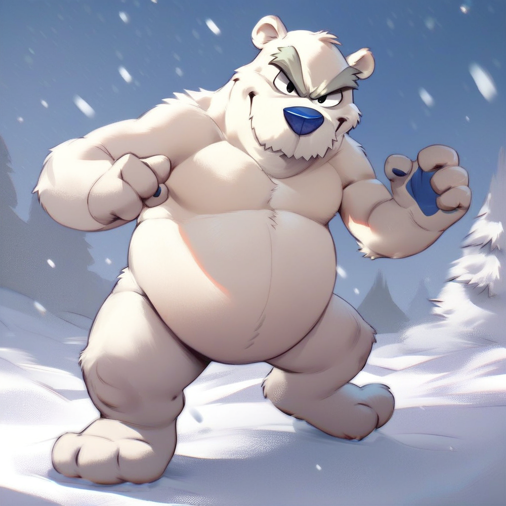 score_9, score_8_up, score_7_up, score_6_up, score_5_up, score_4_up, herbert p. bear, polar bear, chubby, fat, blue nose, thick eyebrows, three toes, snowy background, snow, looking at viewer, action pose, evil pose,