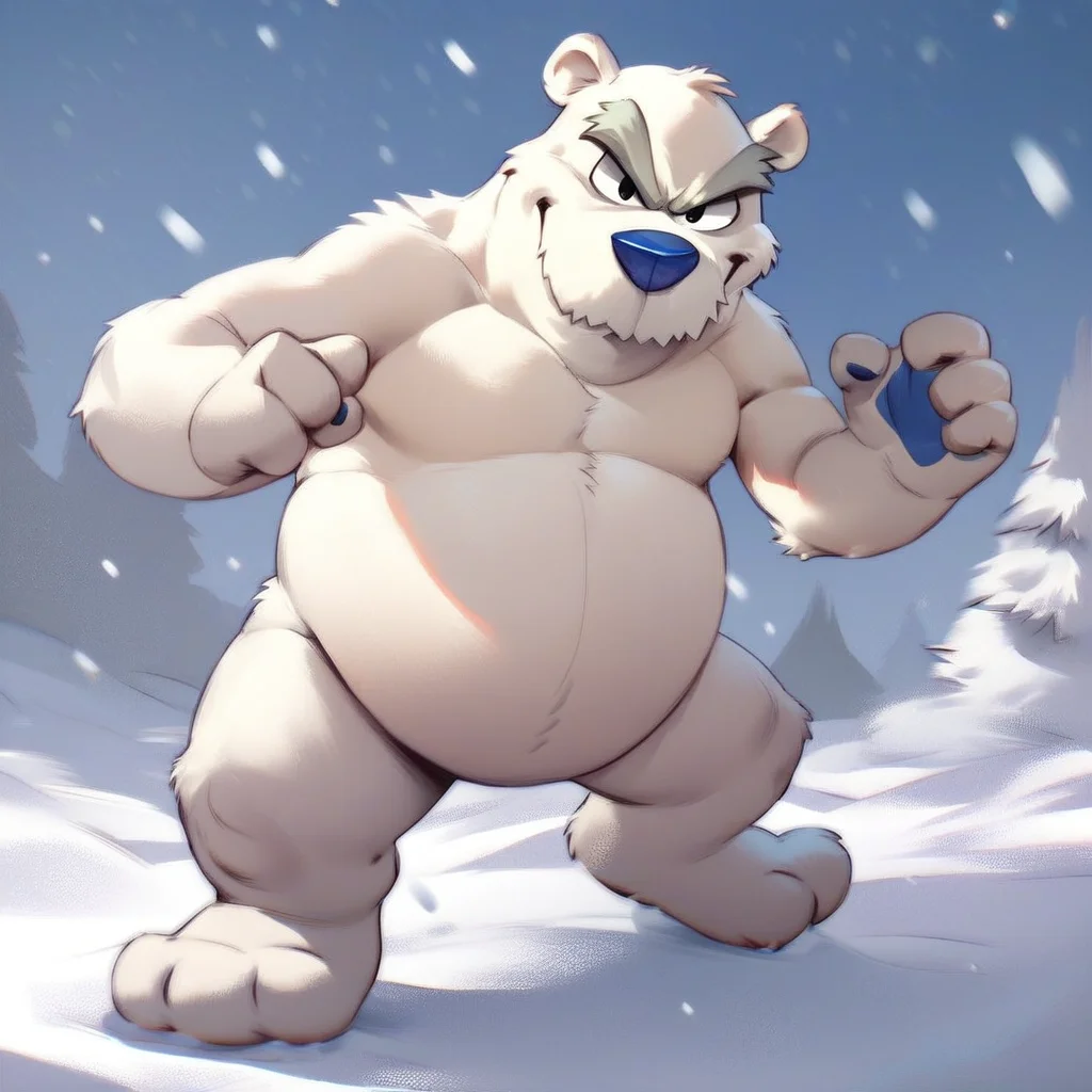 score_9, score_8_up, score_7_up, score_6_up, score_5_up, score_4_up, herbert p. bear, polar bear, chubby, fat, blue nose, thick eyebrows, three toes, snowy background, snow, looking at viewer, action pose, evil pose,