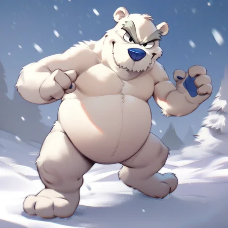 score_9, score_8_up, score_7_up, score_6_up, score_5_up, score_4_up, herbert p. bear, polar bear, chubby, fat, blue nose, thick eyebrows, three toes, snowy background, snow, looking at viewer, action pose, evil pose,