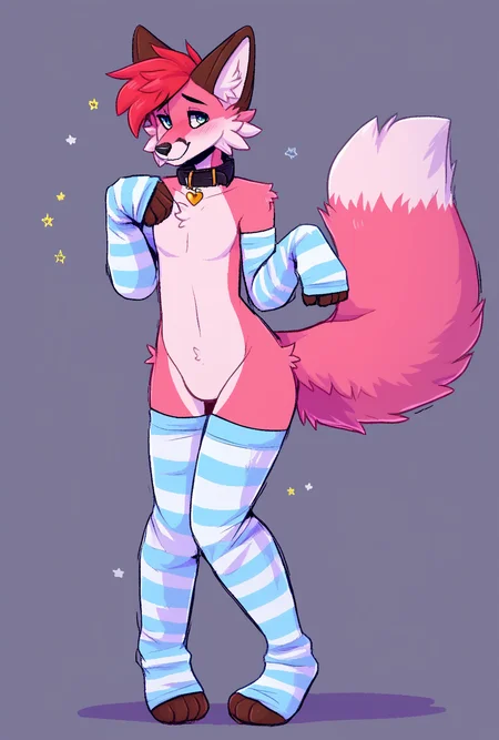 femboy, pink fox, stockings, warmers, score_9, source_furry, collar <lora:femboyfurry:1>