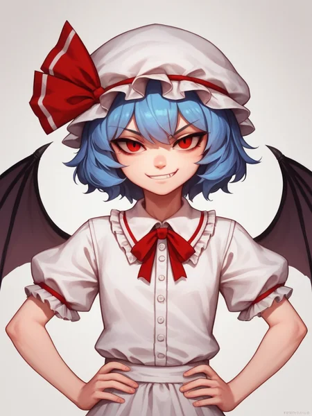 score_9, score_8_up, score_7_up, rating_explicit,  1girl, solo,  <lora:Remilia_Scarlet_-_Touhou_Project_Pony:1> r3mil1a_sc4rlet, hat, red eyes, blue hair, wings, smile, short hair, bat wings, upper body, looking at viewer, ribbon, short sleeves, mob cap, wicked look, smirk, hands on hips