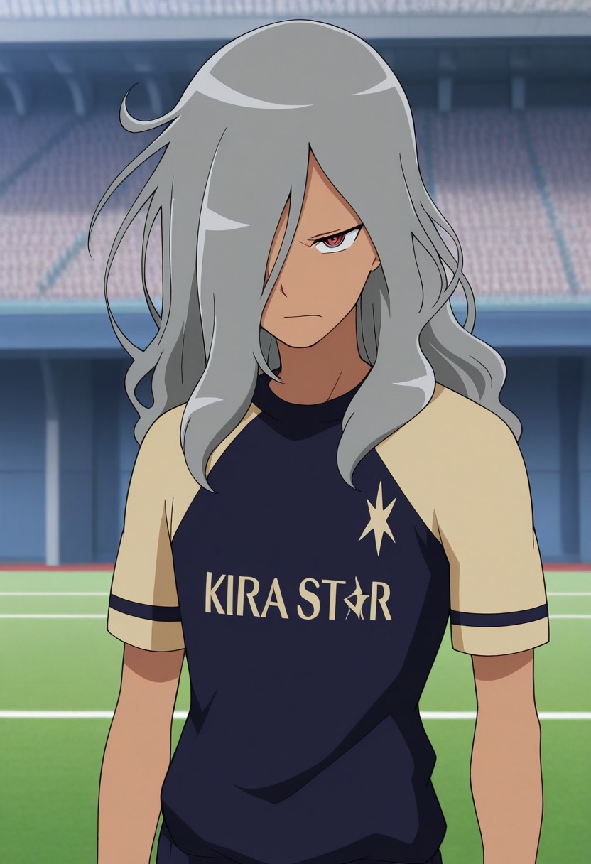 masterpiece,best quality,amazing quality, source_anime,
HaizakiRyouhei, 1boy, male focus, solo, dark skin, dark-skinned male, red eyes, grey hair, long hair, hair over one eye, seishou soccer uniform, black and gold shirt, multicolored shirt, short sleeves,
outdoor,