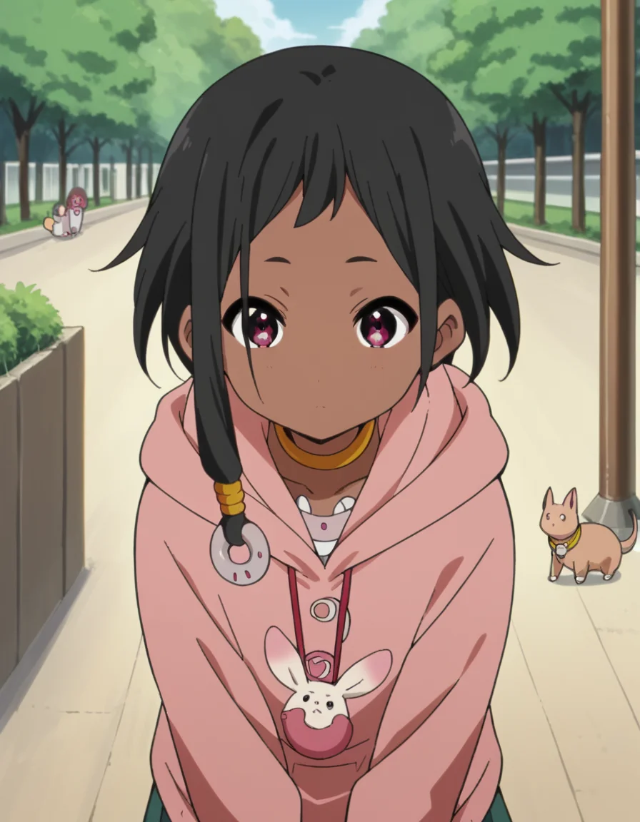 score_9, score_8_up, score_7_up, source_anime, <lora:choi-mochimazzi-s1-ponyxl-lora-nochekaiser:1>, choi mochimazzi, short hair, black hair, dark skin, dark-skinned female, pink eyes, sidelocks, jewelry, hoodie, pink hoodie, skirt,, zoo, animals, cages, visitors, park, , leaning forward,, looking at viewer, solo,, dutch angle, cowboy shot