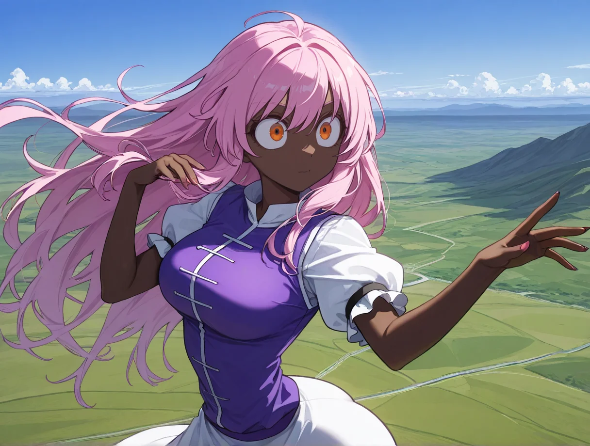 high quality, best quality, masterpiece, highres, very aesthetic, absurdres, <lora:illustrious_quality_modifiers_masterpieces_v1:.6>, detailed hair, <lora:NSFWFilter_illusXL_Incrs_v1:-.5>, solo focus, dynamic pose, portrait, headshot,
\(Touhou\), long hair, soft pink hair, bright orange eyes, dark-skinned female, very dark skin, wide hips, medium breasts, puffy short sleeves
, outdoors, landscape, horizon, at a mountain range, <lora:HoneyMapache:.85>, big eyes, skinny
