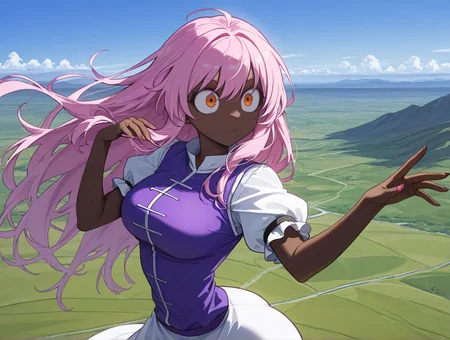 high quality, best quality, masterpiece, highres, very aesthetic, absurdres, <lora:illustrious_quality_modifiers_masterpieces_v1:.6>, detailed hair, <lora:NSFWFilter_illusXL_Incrs_v1:-.5>, solo focus, dynamic pose, portrait, headshot,
\(Touhou\), long hair, soft pink hair, bright orange eyes, dark-skinned female, very dark skin, wide hips, medium breasts, puffy short sleeves
, outdoors, landscape, horizon, at a mountain range, <lora:HoneyMapache:.85>, big eyes, skinny