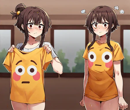 score_9, score_8_up, score_7_up, score_6_up, score_5_up, score_4_up, BREAK, flushed_emoji_shirt, 1girl, multiple views, indoors, megumin \(konosuba\), thighs, flat chest, (((devastated expression))), annoyed, unjustified expectations <lora:flushed_shirt_meme_civit:1>, t-shirt, sad