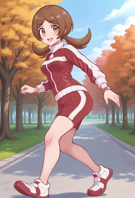 [[hinosaki, leveen]], 2d, masterpiece, best quality, amazing quality, 1girl, solo, running, from side, park, looking at viewer, sky, palyra, [lyra_\(pokemon\)], brown hair, brown eyes, low twintails, track jacket, red jacket, zipper pull tab, long sleevees, red shorts, shoes, red footwear, white footwear, (mature female, grown up, adult body, medium breasts)