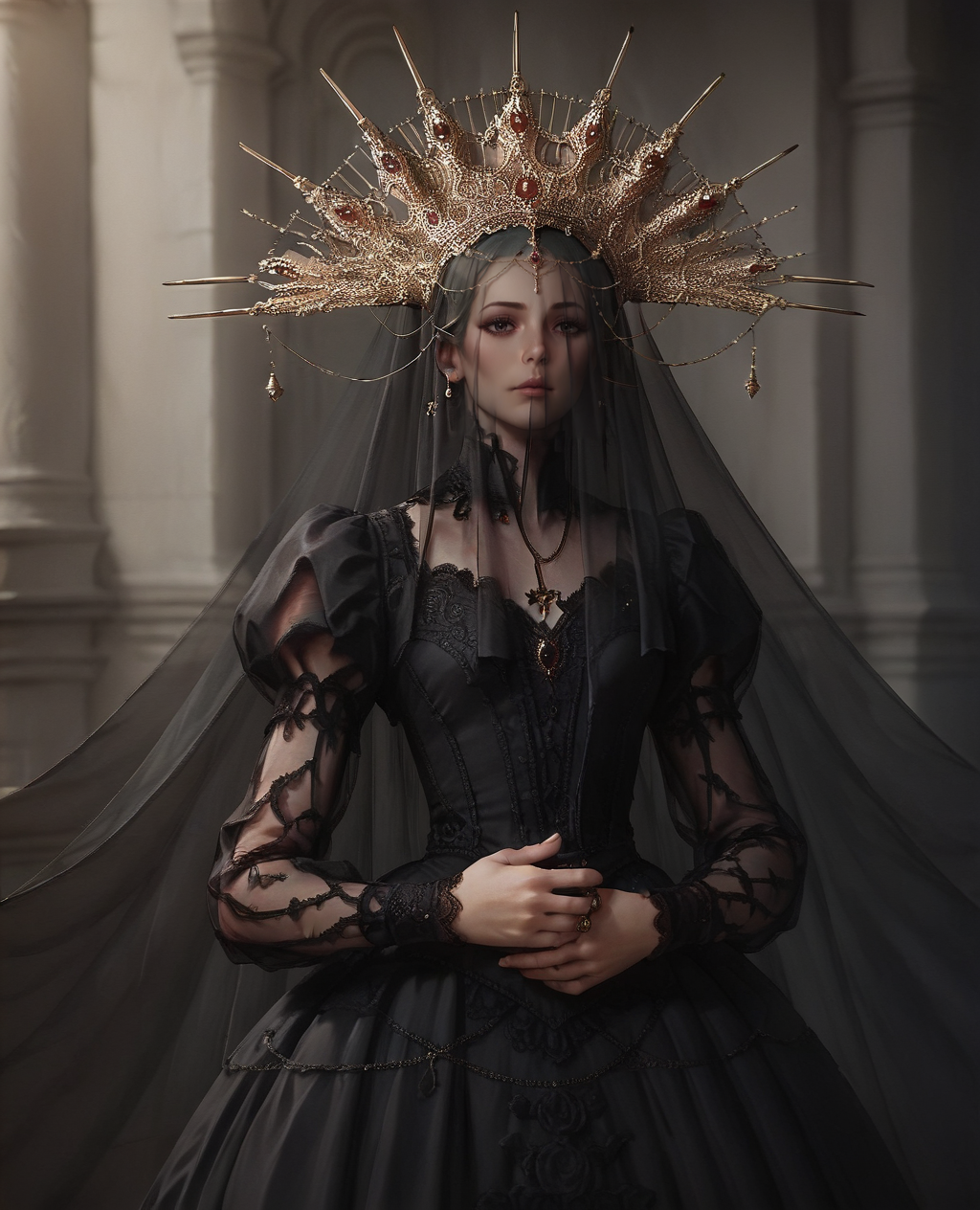 score_9. score_8_up, score_7_up, score_6_up, score_5_up, score_4_up, 1girl, c0r0n4t10n, long sleeves, puffy sleeves, black dress, lace dress, large crown, Veil, <lora:c0r0n4t10nXLP:0.65>