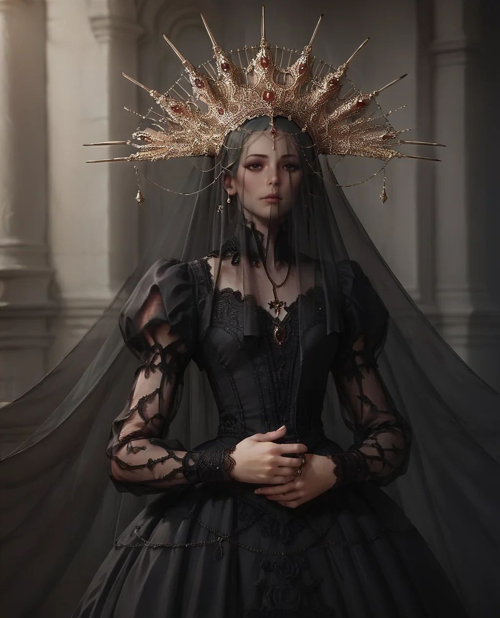 score_9. score_8_up, score_7_up, score_6_up, score_5_up, score_4_up, 1girl, c0r0n4t10n, long sleeves, puffy sleeves, black dress, lace dress, large crown, Veil, <lora:c0r0n4t10nXLP:0.65>