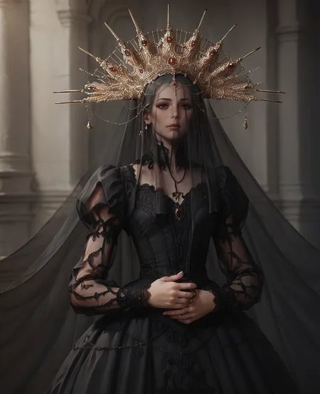 score_9. score_8_up, score_7_up, score_6_up, score_5_up, score_4_up, 1girl, c0r0n4t10n, long sleeves, puffy sleeves, black dress, lace dress, large crown, Veil, <lora:c0r0n4t10nXLP:0.65>