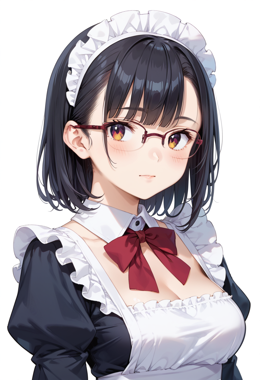 score_9, score_8_up, score_7_up, rating_safe, masterpiece, best quality, absurdres, unity 8k wallpaper, official art, official style, source_anime, uncensored, game cg, megami magazine,
1girl, solo, black hair, medium hair, upper body, covered eyes,maid, maid headdress, black dress, maid apron, face focus, 
halfrim15S, still life, white background, simple background, red-framed eyewear,
 <lora:glasses_halfrim15s_PONY_V1:1>