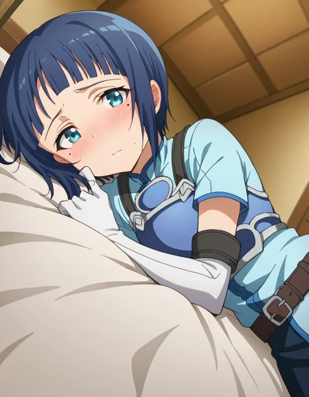 score_9, score_8_up, score_7_up, source_anime,
saosachi, <lora:sao-sachi-s1-ponyxl-lora-nochekaiser:1>,
sachi, short hair, blue eyes, blue hair, mole, mole under eye, bangs, blunt bangs,
gloves, elbow gloves, belt, armor, breastplate, shirt, blue shirt,
indoors, bed, bed room, on side, blush, drunk,
looking at viewer, cowboy shot, solo, dutch angle,