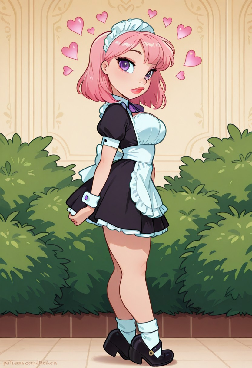<lora:CivChan:1> side view, CivChan, purple eyes, pink hair, maid outfit, medium breasts, full lips, floating hearts, hearts, doing the homer Simpson walking backward meme, Large bush wall