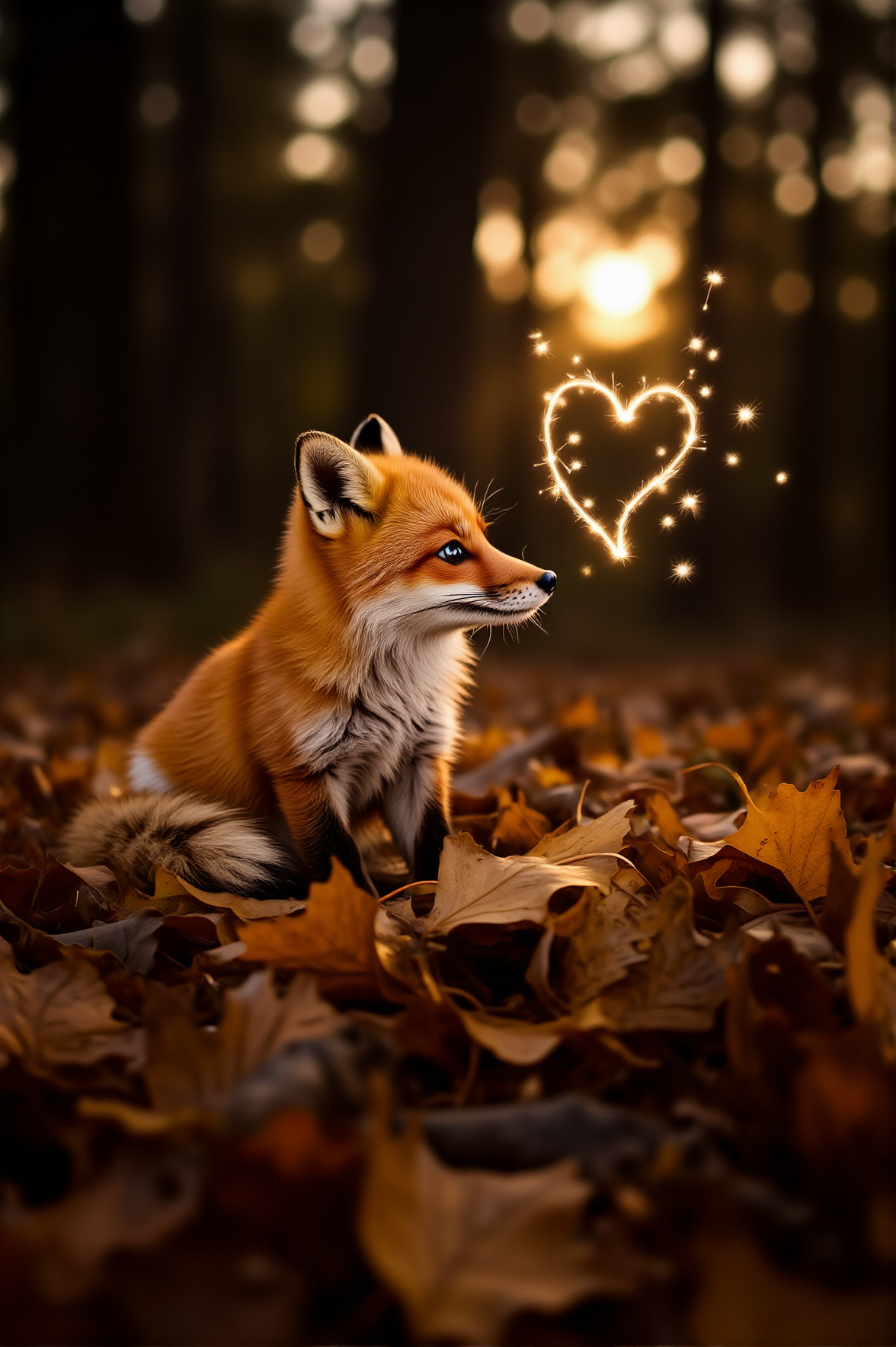 A tiny red fox sits in a pile of crisp autumn leaves, gazing at the fireflies dancing in the twilight air. Their lights flutter around the foxâs face, forming the outline of a heart-shaped glow. The scene is bathed in a warm, golden light as the last rays of the sun fade behind the trees.
<lora:paws-and-hearts-flux:1>