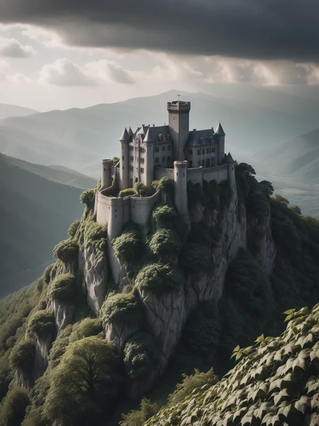 castle made of mad-concrete on a mountain overlooking a valley, ivy, forest, cloudy sky, sunbeam <lora:Concrete_Style_SDXL:1.0>, masterpiece, best quality, ultra high res, (photorealistic, realistic:1.2), deep shadow, raw photo, film grain, Fujifilm XT3, 8k uhd, dslr