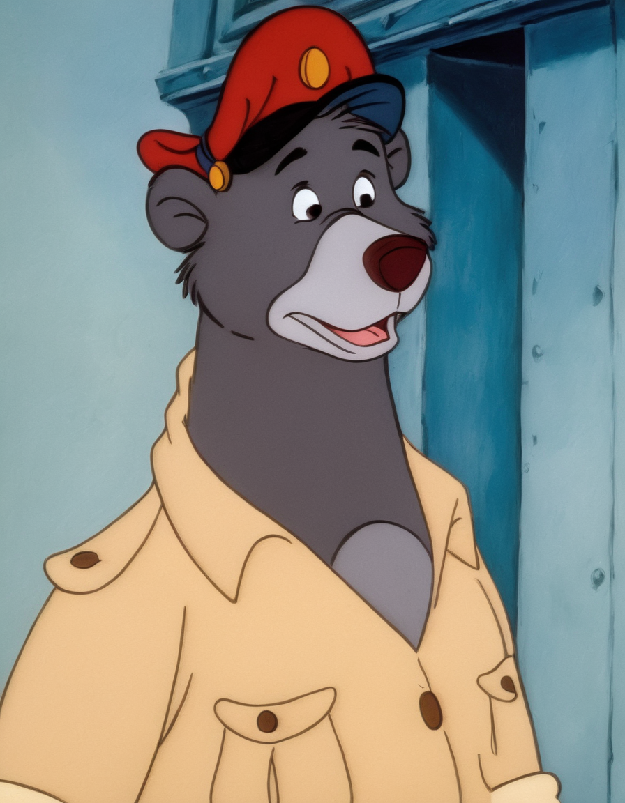 disney style cartoon,  <lora:TaleSpin_-_Baloo_2:0.8> 1boy, bear baloo, cartoon, face, furry, hat, male focus, peaked cap, red headwear, solo, yellow shirt, (candy world of disney:1.4),( in art style Picasso:1.2), walking on the street, (comedic photograph of the year), screenshot from the 1983 film,