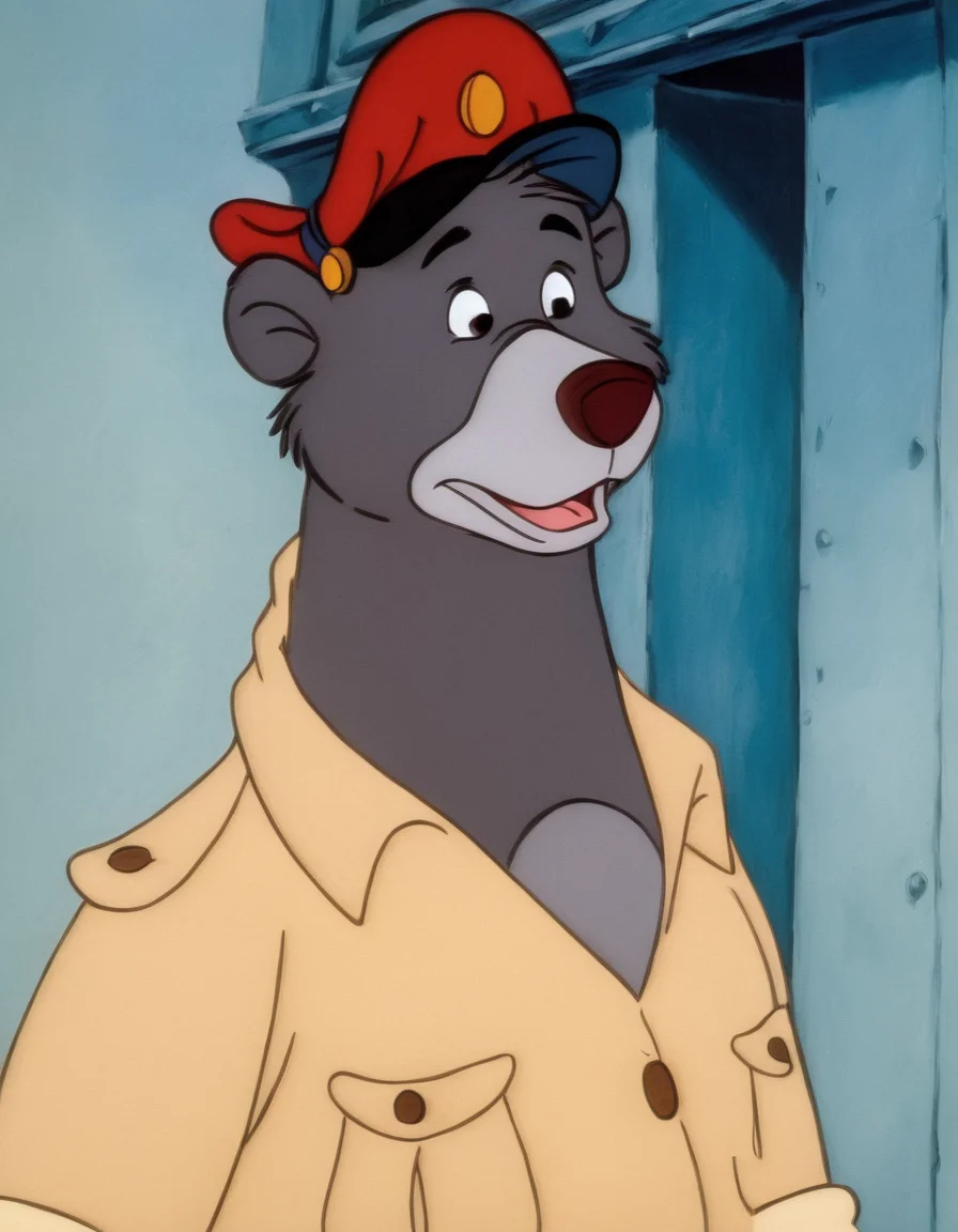 disney style cartoon, <lora:TaleSpin_-_Baloo_2:0.8> 1boy, bear baloo, cartoon, face, furry, hat, male focus, peaked cap, red headwear, solo, yellow shirt, (candy world of disney:1.4),( in art style Picasso:1.2), walking on the street, (comedic photograph of the year), screenshot from the 1983 film,