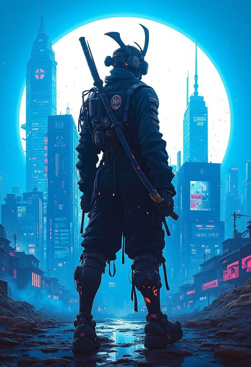 cyberpunk, anime, Cyber Punk cyborg Samurai man standing wide stride with a blue fullmoon and city behind, highly detailed Mayhem style splattered Silhouette, background bizarre techno ghetto transmission, style minimalist, conceptual art posing Japanese, conceptual, 3d render, illustration, cinematic, photo
epic action, cinematic, award winning artwork, many details, patterned illumination, bad VHS tape image artifacts