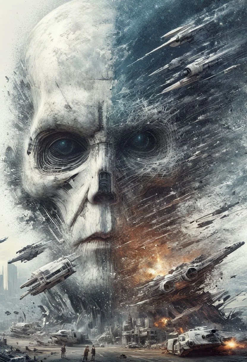 The world of Star Wars, absolutely nothing, pure white, detailed, , a post-apocalyptic world where technology is banned , hyper detailed, professional poster art, bold lines, award winning, trending on ArtStation , FastNegativeV2, ral-dissolve,white eyes