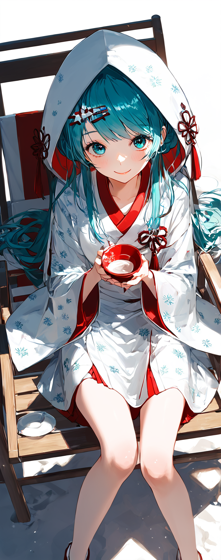 score_9,score_8_up,score_7_up,,source_anime BREAK, 1girl, solo,, s1_dram, from above, on beach chair, , , SHM13, hatsune miku, 1girl, wataboushi, uchikake, yuki miku, japanese clothes, solo, kimono, hood, sakazuki, long hair, cup, smile, aqua hair, sake, white background<lora:S1_Dramatic_Lighting_v2:0.8>,<lora:éªãã¯13:1>