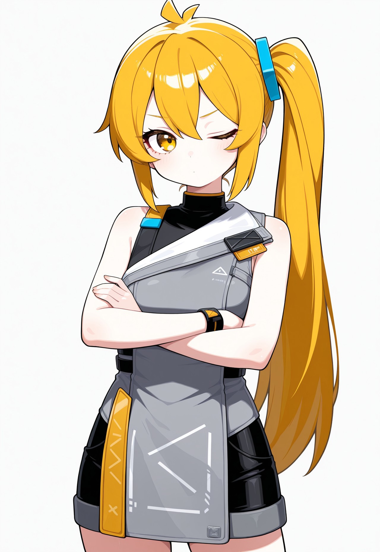 masterpiece, best quality, good quality, very aesthetic, absurdres, newest, 8K, focused subject BREAK 1girl, cowboy shot, arms crossed, dot mouth, one eye closed, looking at viewer, looking to the side, akita neru, elmodorm, sleeveless, zipper
