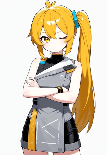 masterpiece, best quality, good quality, very aesthetic, absurdres, newest, 8K, focused subject BREAK 1girl, cowboy shot, arms crossed, dot mouth, one eye closed, looking at viewer, looking to the side, akita neru, elmodorm, sleeveless, zipper