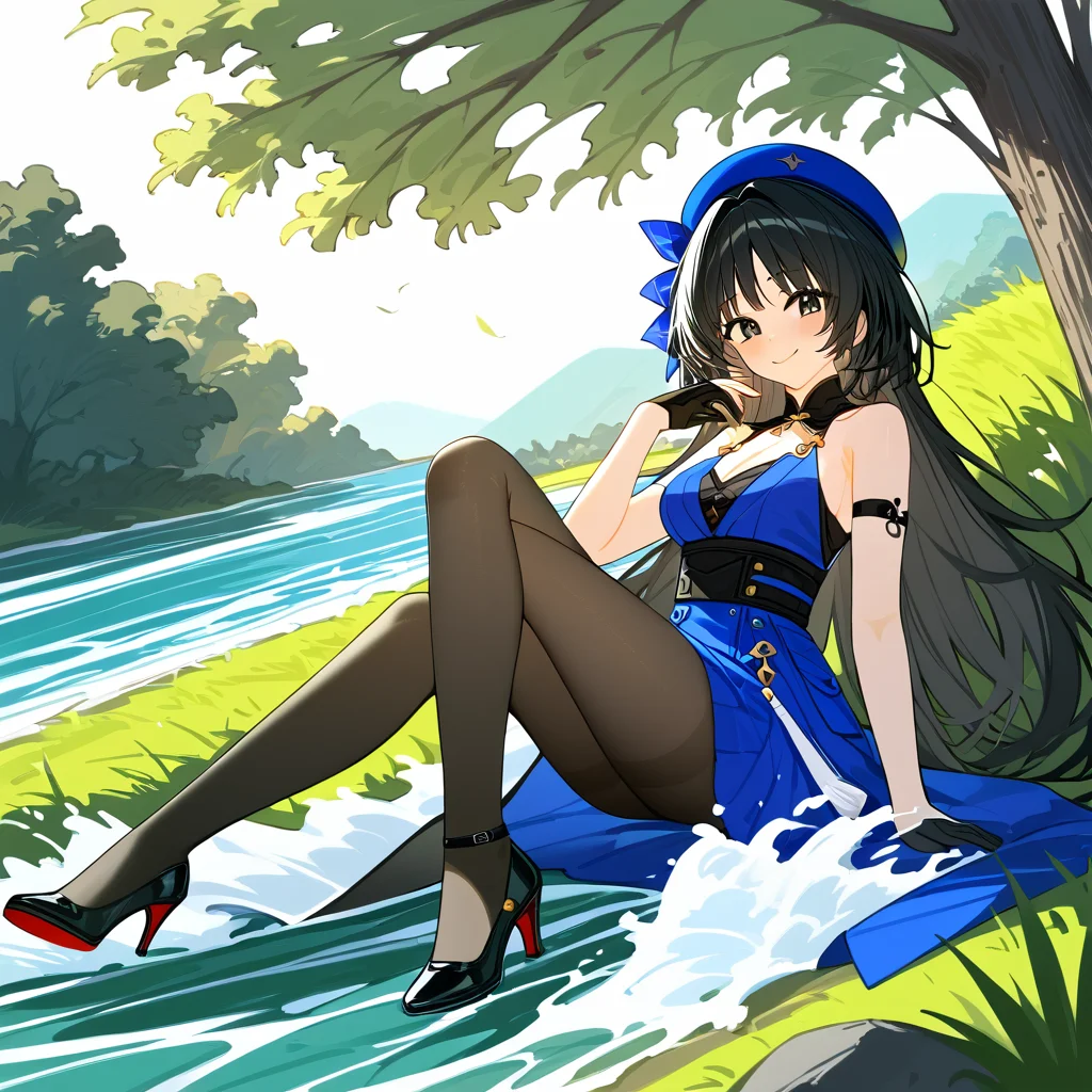1girl,
yangyang \(wuthering waves\),
solo, rating safe, outdoors, long hair, beret, single glove, black hair, blush, hand up, blue dress, looking at viewer, medium breasts, sitting, pantyhose, hat, tree, bare shoulders, black gloves, dress, arm strap, blue hat, gloves, arm support, black pantyhose, full body, smile, breasts, ribbon, black eyes, legs together, hat ribbon, grass, high heels,
masterpiece, best quality
<lora:mki-pony-yangyang-v2:1>