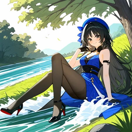 1girl,
yangyang \(wuthering waves\),
solo, rating safe, outdoors, long hair, beret, single glove, black hair, blush, hand up, blue dress, looking at viewer, medium breasts, sitting, pantyhose, hat, tree, bare shoulders, black gloves, dress, arm strap, blue hat, gloves, arm support, black pantyhose, full body, smile, breasts, ribbon, black eyes, legs together, hat ribbon, grass, high heels,
masterpiece, best quality
<lora:mki-pony-yangyang-v2:1>