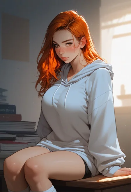(score_9, score_8_up, score_7_up),rating safe,, best quality, ultra highres, realistic:0.7,portrait, kawai face, smooth skin,  perfect face, perfect body, perfect hands
, detailed eyes, night, orange hair,freckles, tall girl, mature girl, stylish girl,((( oversized hoodie))),over-kneehighs,micro shorts, slim body, legwear, pale skin, deep skin, slim waist, wide hips, thick tights:1.7, big breasts, 
Sitting at desk, breasts on desk,
,Expressiveh