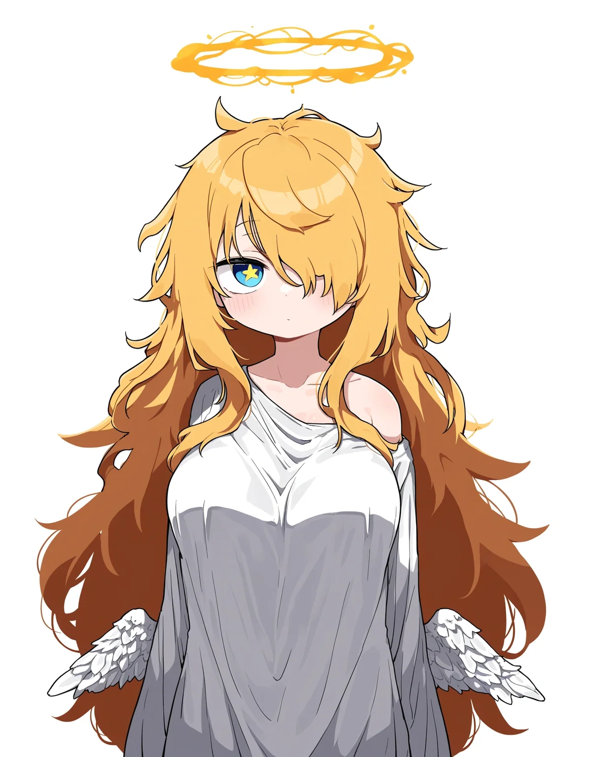 1girl, solo, angel, (healthyman:0.95), (mato tsuyoi:0.75), (suga hideo:0.55), (setmen:0.45), (amonitto:0.55), simple background, white background, traditional halo, halo, angel wings, low wings, mini wings, greek clothes, blonde hair, very long hair, messy hair, hair over one eye, hair over breasts, blue eyes, star-shaped pupils, closed mouth, large breasts, safe, general, uncensored, masterpiece, best quality, very awa, newest, absurdres, highres, <lora:96_chadmix_vpred10_1a.safetensors:1.0>,