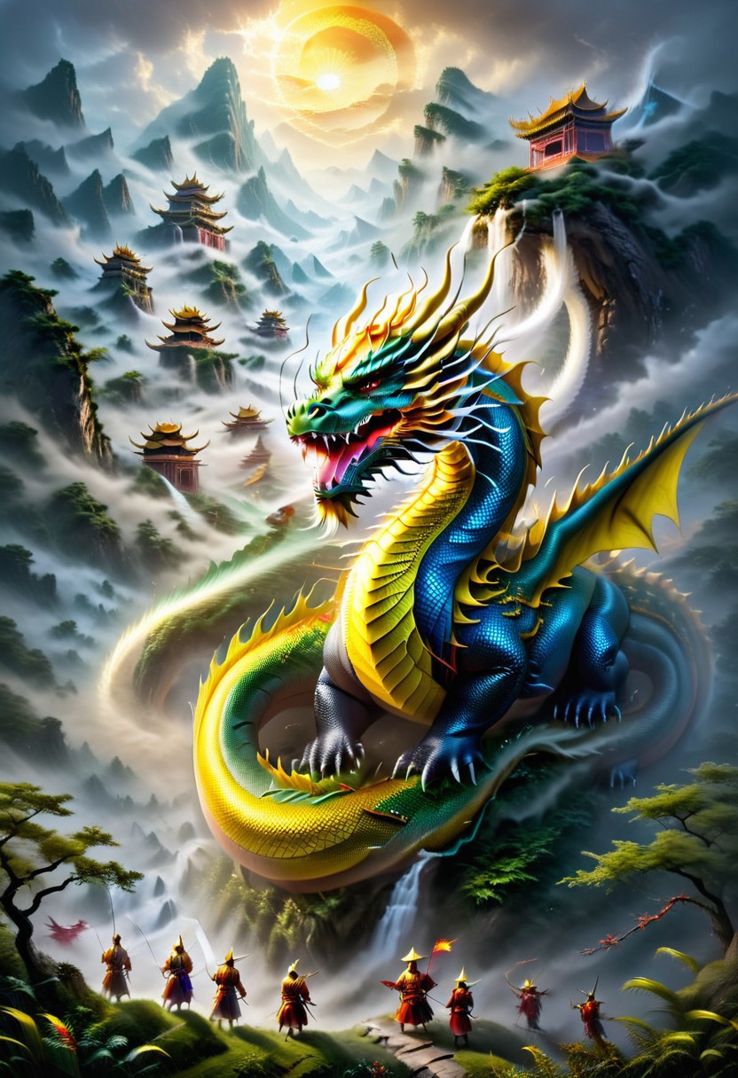 I want a realistic depiction of an extinct eastern world, a world of mythical dinosaur creatures, the era of the rise of the Chinese empire colorful and colorful, a golden city guarded by mystical Chinese dragons