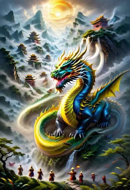 I want a realistic depiction of an extinct eastern world, a world of mythical dinosaur creatures, the era of the rise of the Chinese empire colorful and colorful, a golden city guarded by mystical Chinese dragons
