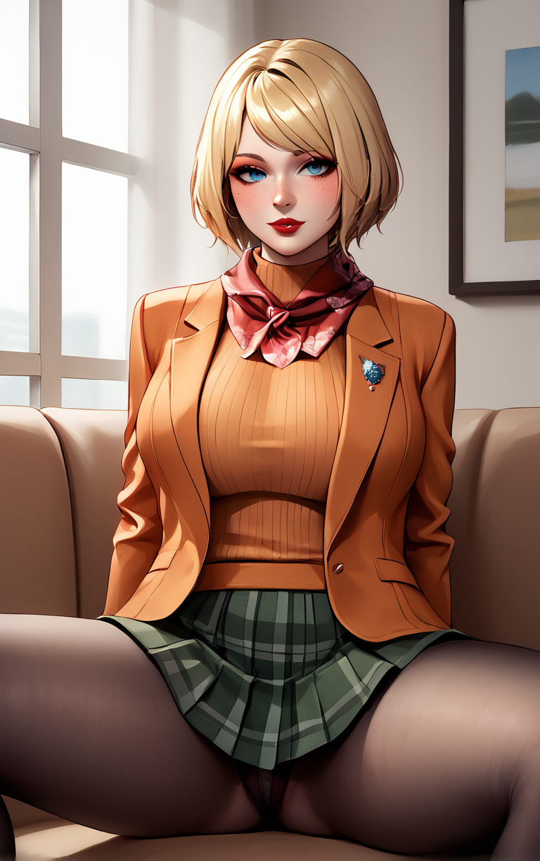 score_9, score_8_up, score_7_up, masterpiece, best quality, absurdres,  solo, BREAK
MainOutfit_Ashley_ownwaifu, 
1girl, blue eyes, short hair, blonde hair, lips, freckles, jewelry, bob cut, necklace, nose, bangs, large breasts, red lips, eyelashes, lipstick, makeup, 
red scarf, brown coat, orange sweater, ribbed sweater, black pantyhose, plaid skirt, green skirt, miniskirt, pleated skirt, turtleneck, blazer, long sleeves, orange jacket, open coat,
(sitting, spread legs), arms behind back, couch, window shade, indoors, <lora:PONYXL_ResidentEvil4Remake_Ashley_ownwaifu:0.95> , depth of field